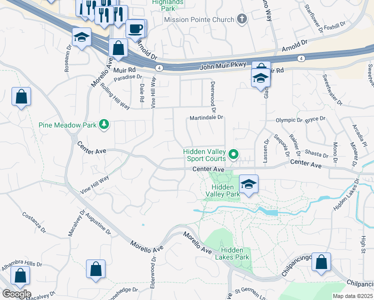 map of restaurants, bars, coffee shops, grocery stores, and more near 1602 Endriss Drive in Martinez