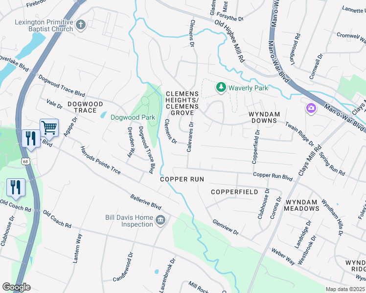 map of restaurants, bars, coffee shops, grocery stores, and more near 4375 Clemens Drive in Lexington