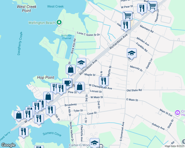 map of restaurants, bars, coffee shops, grocery stores, and more near 116 Maple Street in Crisfield