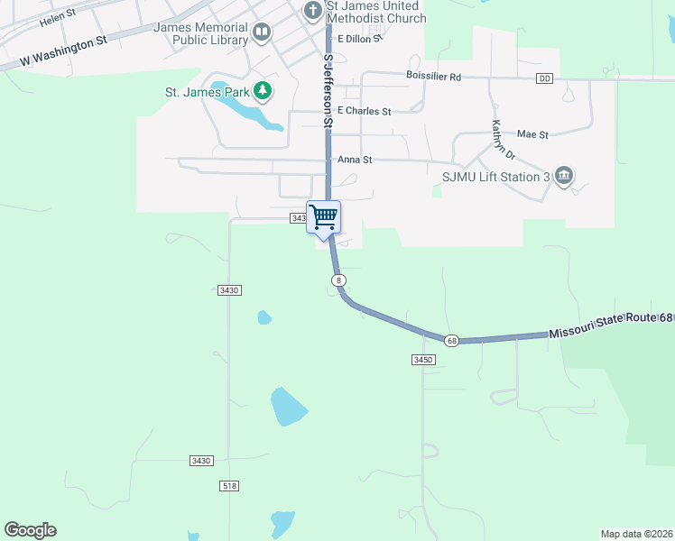 map of restaurants, bars, coffee shops, grocery stores, and more near 17035 Highway 8 in Saint James