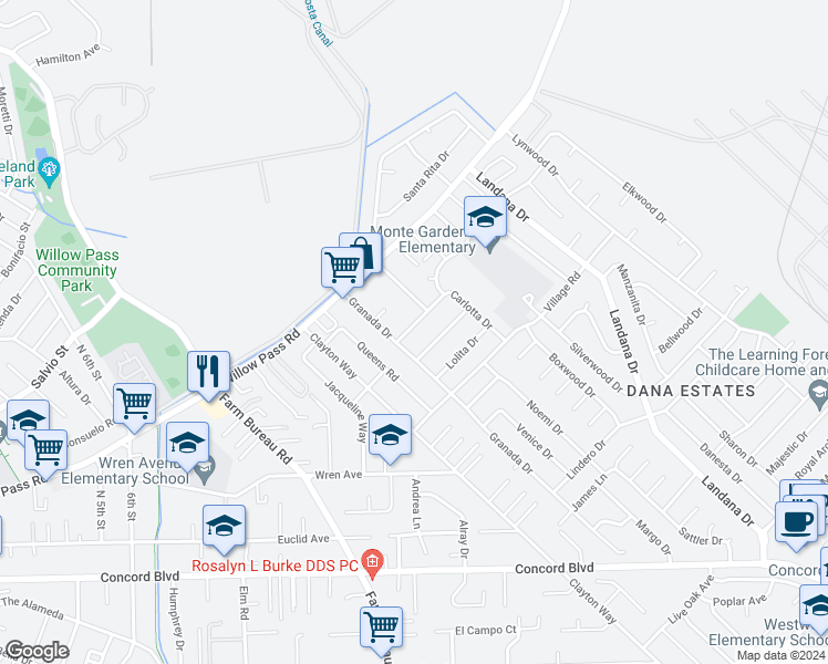 map of restaurants, bars, coffee shops, grocery stores, and more near 3612 Los Flores Avenue in Concord