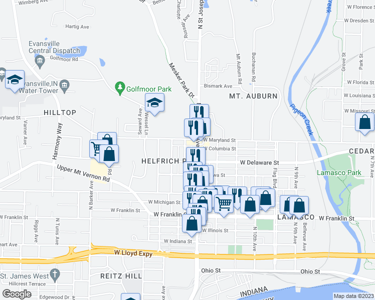 map of restaurants, bars, coffee shops, grocery stores, and more near 721 Hess Avenue in Evansville