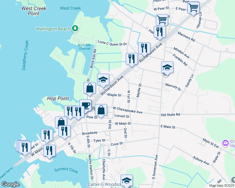 map of restaurants, bars, coffee shops, grocery stores, and more near 116 Maple Street in Crisfield