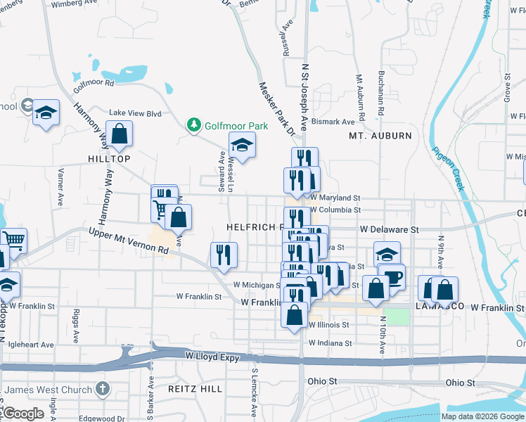 map of restaurants, bars, coffee shops, grocery stores, and more near 720 North Bell Avenue in Evansville