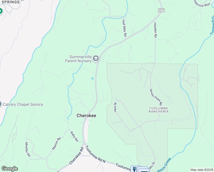 map of restaurants, bars, coffee shops, grocery stores, and more near 18085 Egger Way in Tuolumne