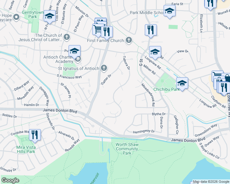 map of restaurants, bars, coffee shops, grocery stores, and more near 3401 Tabora Drive in Antioch