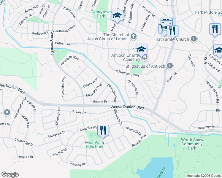 map of restaurants, bars, coffee shops, grocery stores, and more near 3712 Dimaggio Way in Antioch