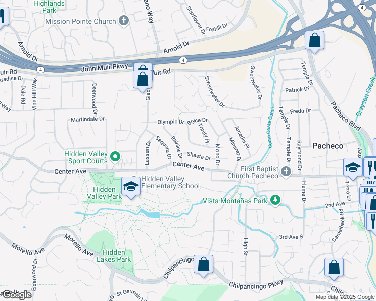 map of restaurants, bars, coffee shops, grocery stores, and more near 2121 Shasta Drive in Martinez