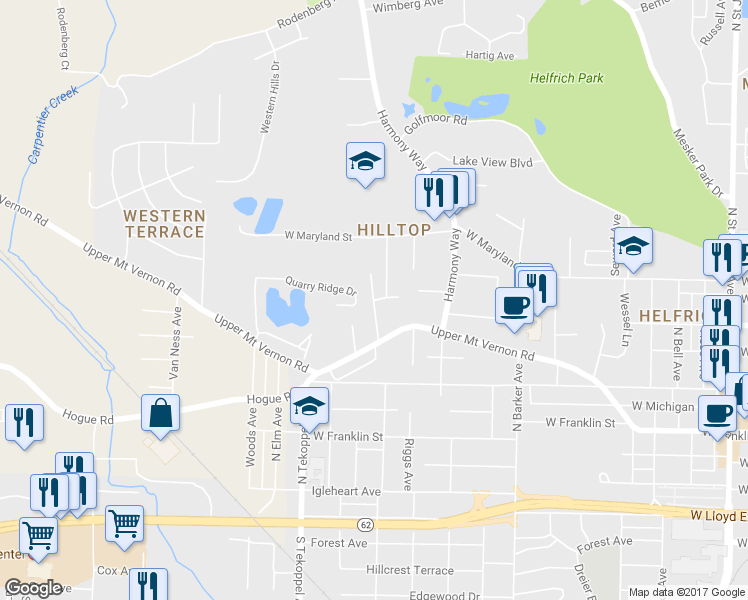 map of restaurants, bars, coffee shops, grocery stores, and more near 801 Rheinlander Avenue in Evansville