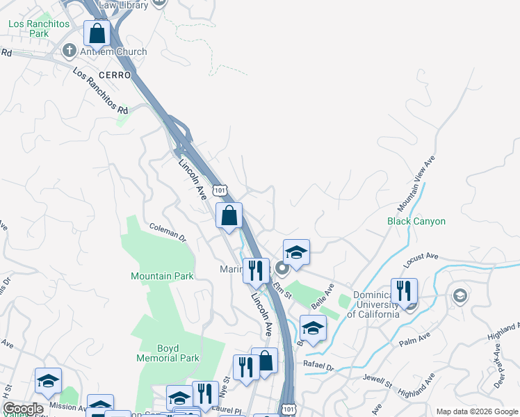 map of restaurants, bars, coffee shops, grocery stores, and more near 1780 Grand Avenue in San Rafael