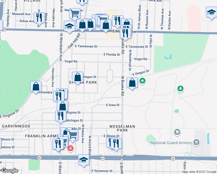 map of restaurants, bars, coffee shops, grocery stores, and more near 2312 East Delaware Street in Evansville