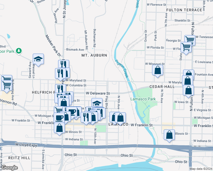 map of restaurants, bars, coffee shops, grocery stores, and more near 704 N Wabash Ave in Evansville