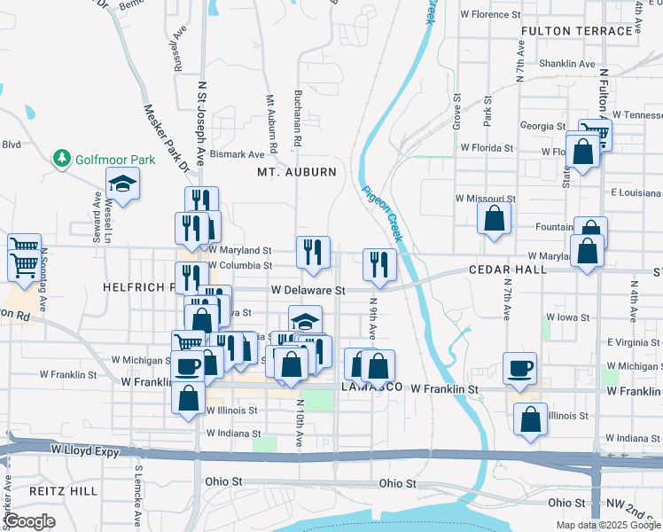 map of restaurants, bars, coffee shops, grocery stores, and more near 704 N Wabash Ave in Evansville