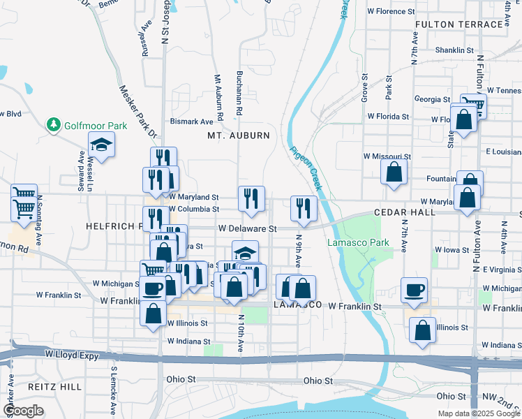 map of restaurants, bars, coffee shops, grocery stores, and more near 704 N Wabash Ave in Evansville