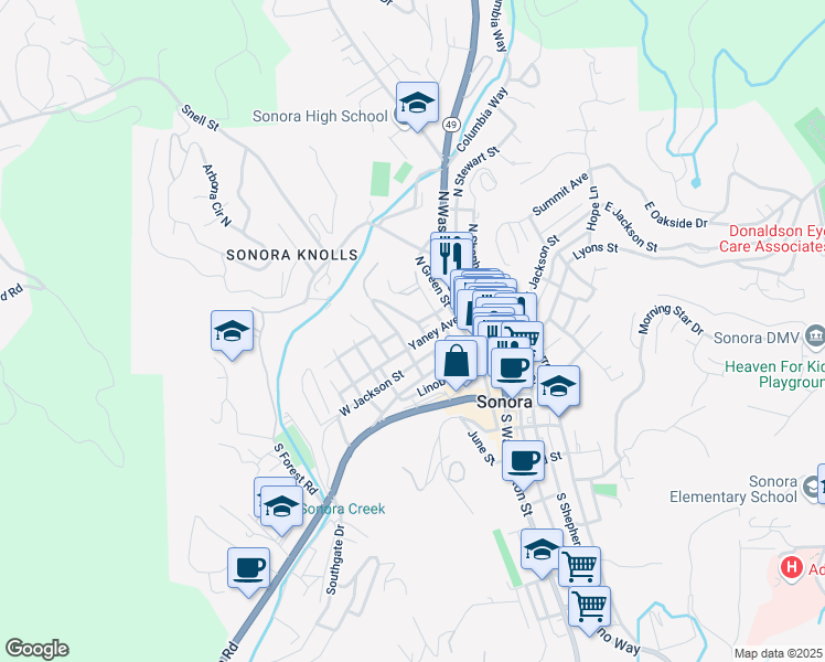 map of restaurants, bars, coffee shops, grocery stores, and more near 94 West Jackson Street in Sonora