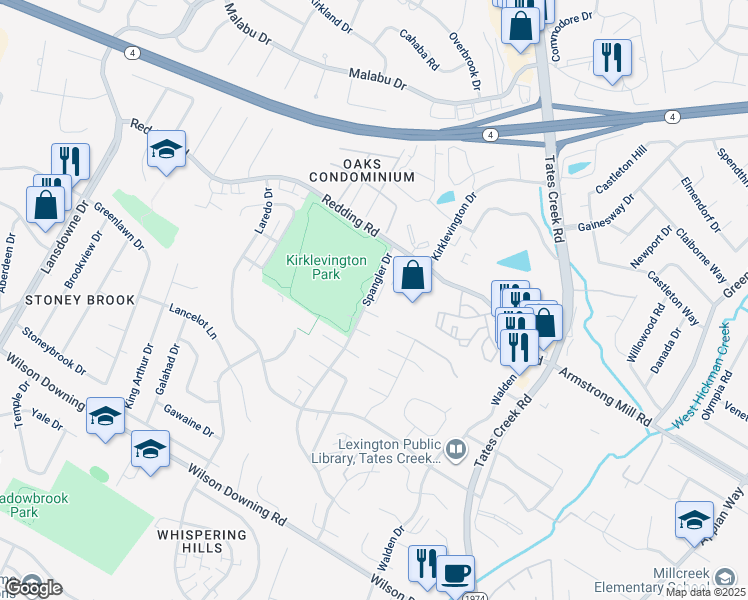 map of restaurants, bars, coffee shops, grocery stores, and more near 3314 Spangler Drive in Lexington