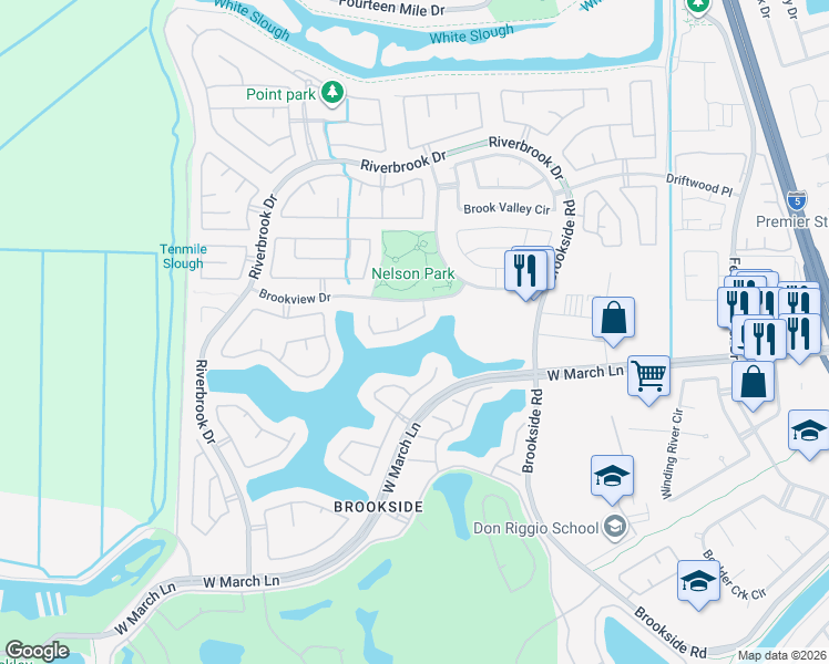 map of restaurants, bars, coffee shops, grocery stores, and more near 4824 Longcove Drive in Stockton