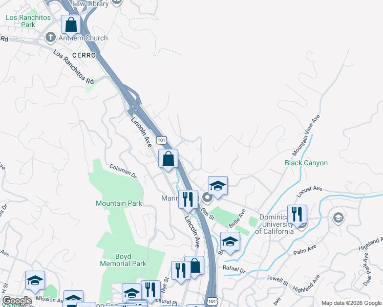 map of restaurants, bars, coffee shops, grocery stores, and more near 1780 Grand Avenue in San Rafael