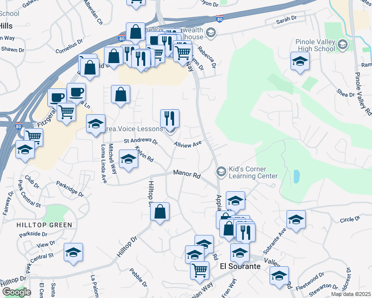 map of restaurants, bars, coffee shops, grocery stores, and more near 831 Allview Avenue in El Sobrante