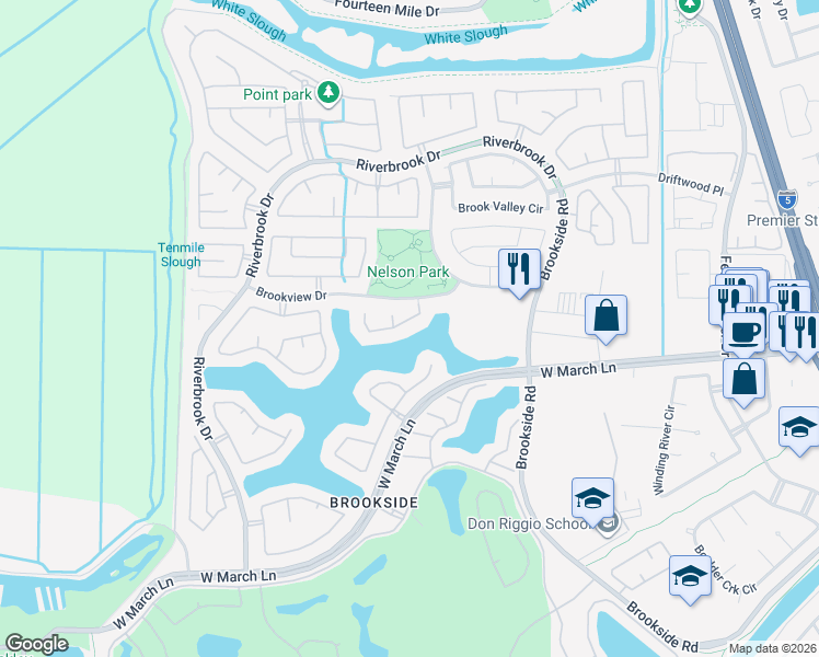 map of restaurants, bars, coffee shops, grocery stores, and more near 4824 Longcove Drive in Stockton