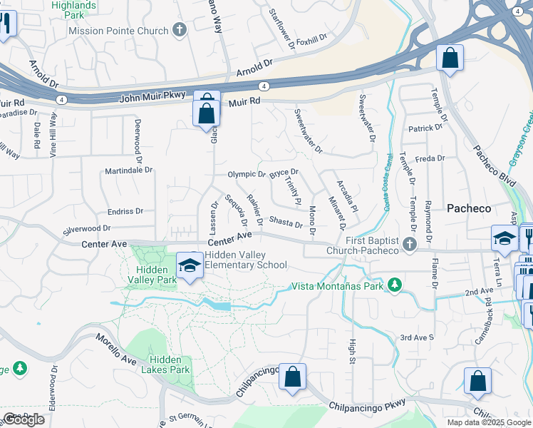 map of restaurants, bars, coffee shops, grocery stores, and more near 2111 Shasta Drive in Martinez