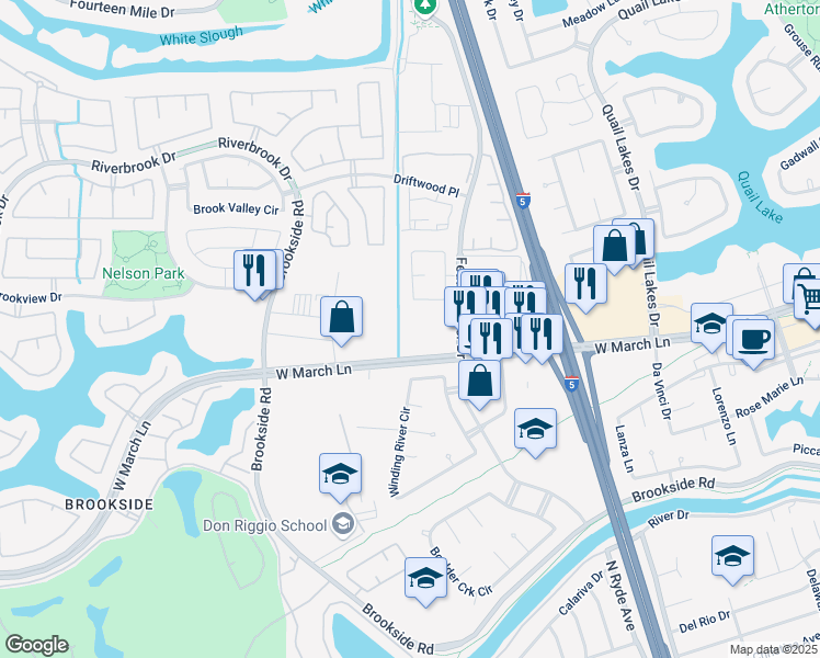 map of restaurants, bars, coffee shops, grocery stores, and more near 3031 West March Lane in Stockton