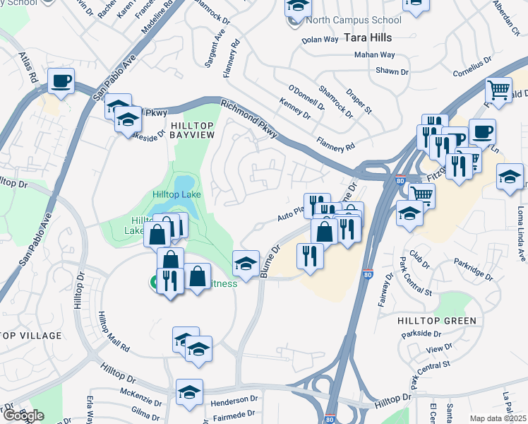 map of restaurants, bars, coffee shops, grocery stores, and more near 3255 Auto Plaza in Richmond