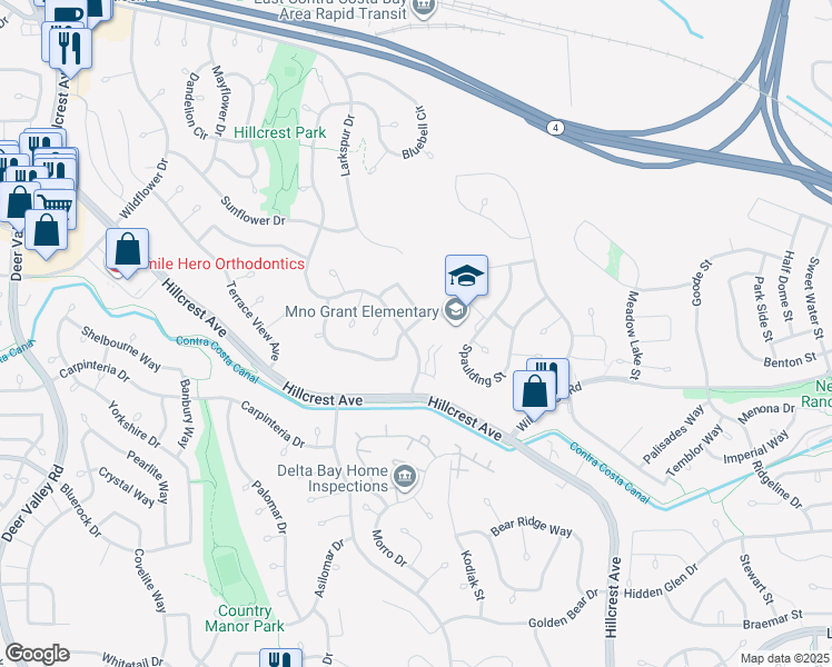 map of restaurants, bars, coffee shops, grocery stores, and more near 3645 Leafwood Circle in Antioch