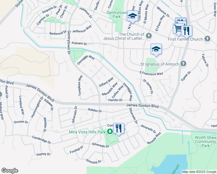 map of restaurants, bars, coffee shops, grocery stores, and more near 3608 Fairbanks Way in Antioch