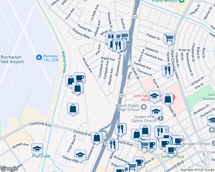 map of restaurants, bars, coffee shops, grocery stores, and more near 2697 Mayfair Avenue in Concord