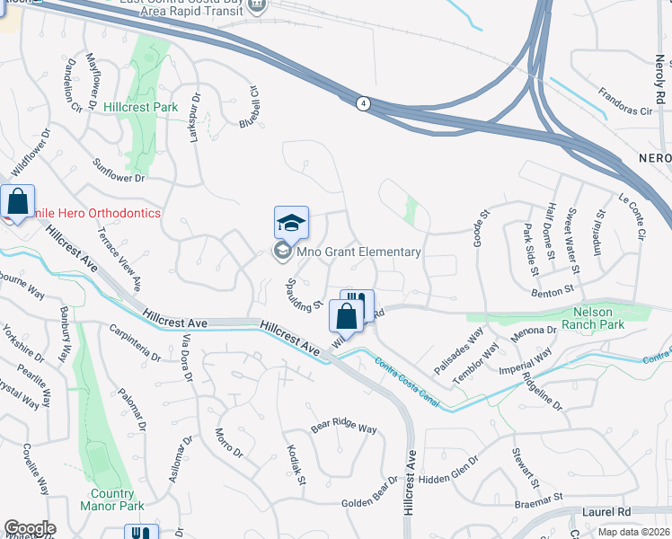 map of restaurants, bars, coffee shops, grocery stores, and more near 4129 Spaulding Street in Antioch