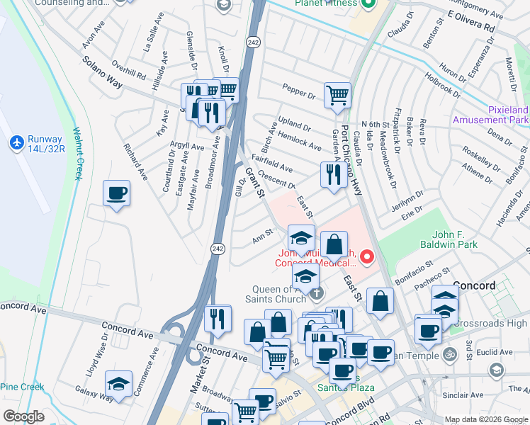 map of restaurants, bars, coffee shops, grocery stores, and more near 2719 Grant Street in Concord