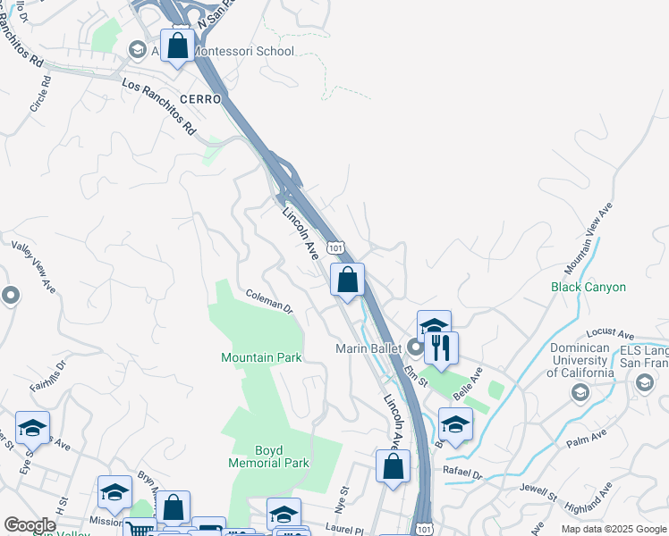 map of restaurants, bars, coffee shops, grocery stores, and more near 1710 Lincoln Avenue in San Rafael