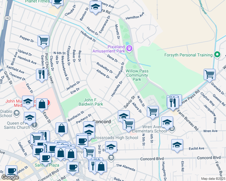 map of restaurants, bars, coffee shops, grocery stores, and more near 3107 Hacienda Drive in Concord