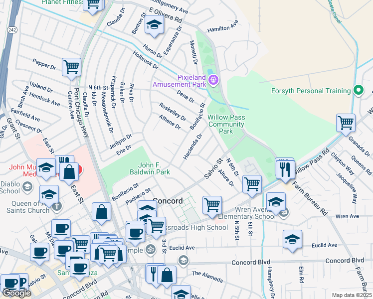 map of restaurants, bars, coffee shops, grocery stores, and more near 3107 Hacienda Drive in Concord