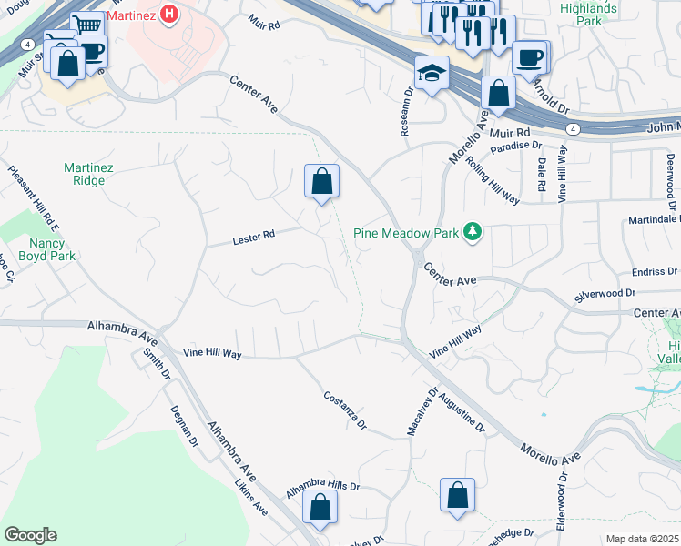 map of restaurants, bars, coffee shops, grocery stores, and more near 4983 Milden Road in Martinez