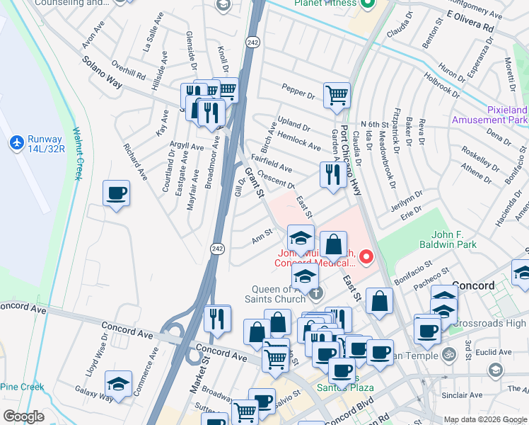 map of restaurants, bars, coffee shops, grocery stores, and more near 2719 Grant Street in Concord