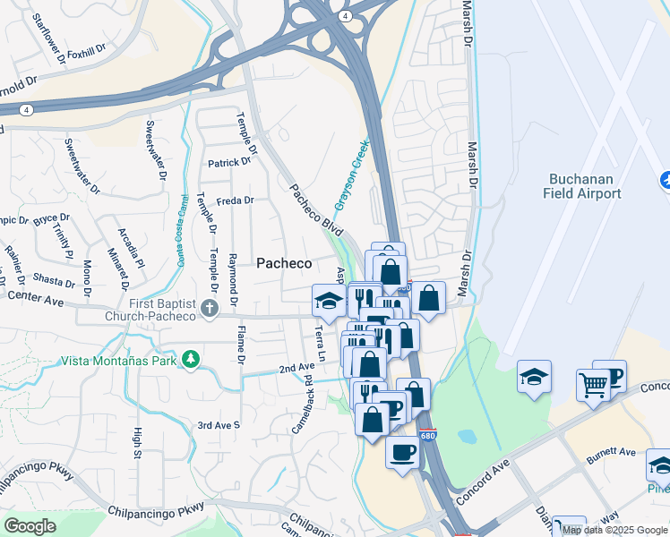map of restaurants, bars, coffee shops, grocery stores, and more near 25 Dalton Court in Pacheco