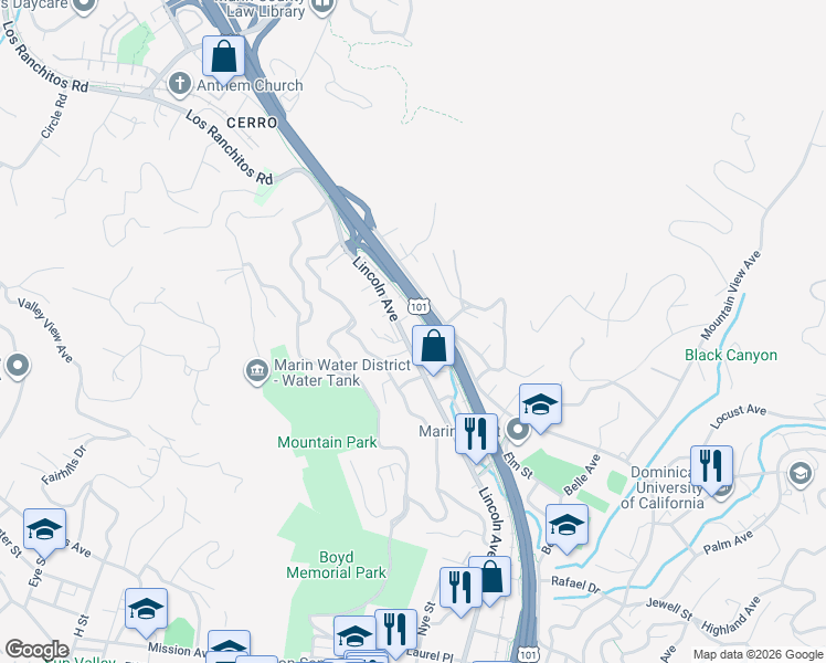map of restaurants, bars, coffee shops, grocery stores, and more near 1600 Lincoln Avenue in San Rafael