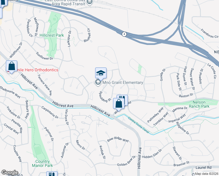 map of restaurants, bars, coffee shops, grocery stores, and more near 3512 Oroville Street in Antioch