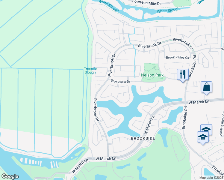 map of restaurants, bars, coffee shops, grocery stores, and more near 5109 Doverton Drive in Stockton