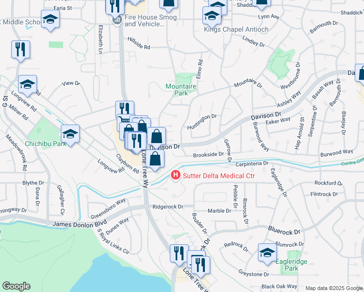 map of restaurants, bars, coffee shops, grocery stores, and more near Davison Drive & Mountaire Drive in Antioch