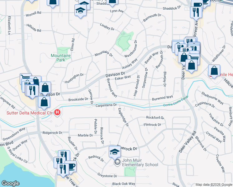 map of restaurants, bars, coffee shops, grocery stores, and more near 601 Burwood Way in Antioch