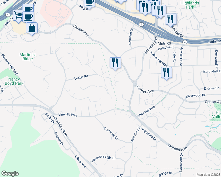 map of restaurants, bars, coffee shops, grocery stores, and more near 4983 Milden Road in Martinez
