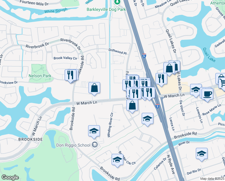 map of restaurants, bars, coffee shops, grocery stores, and more near 3031 West March Lane in Stockton