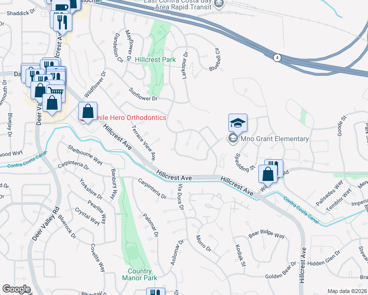 map of restaurants, bars, coffee shops, grocery stores, and more near 3332 Streamwood Court in Antioch