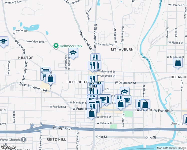 map of restaurants, bars, coffee shops, grocery stores, and more near 724 North Saint Joseph Avenue in Evansville