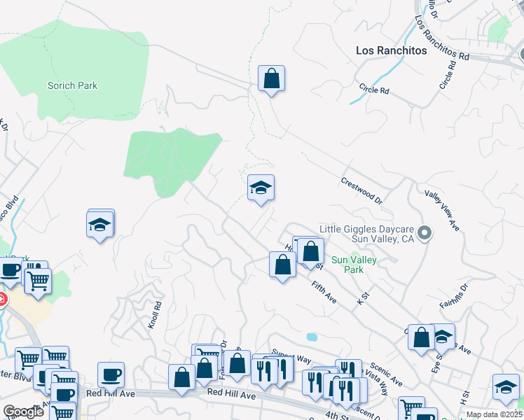 map of restaurants, bars, coffee shops, grocery stores, and more near 75 Happy Lane in San Rafael
