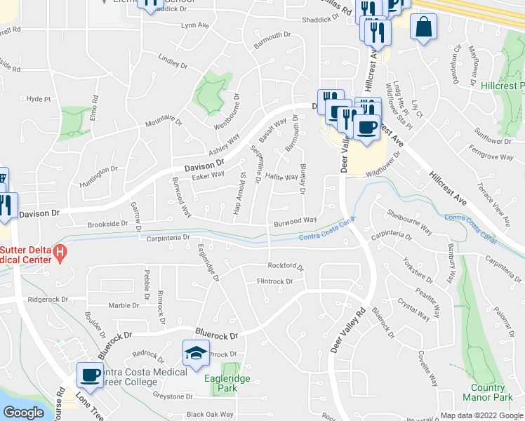 map of restaurants, bars, coffee shops, grocery stores, and more near 3432 Barmouth Drive in Antioch