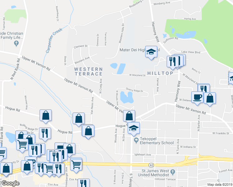 map of restaurants, bars, coffee shops, grocery stores, and more near 702 North Woods Avenue in Evansville